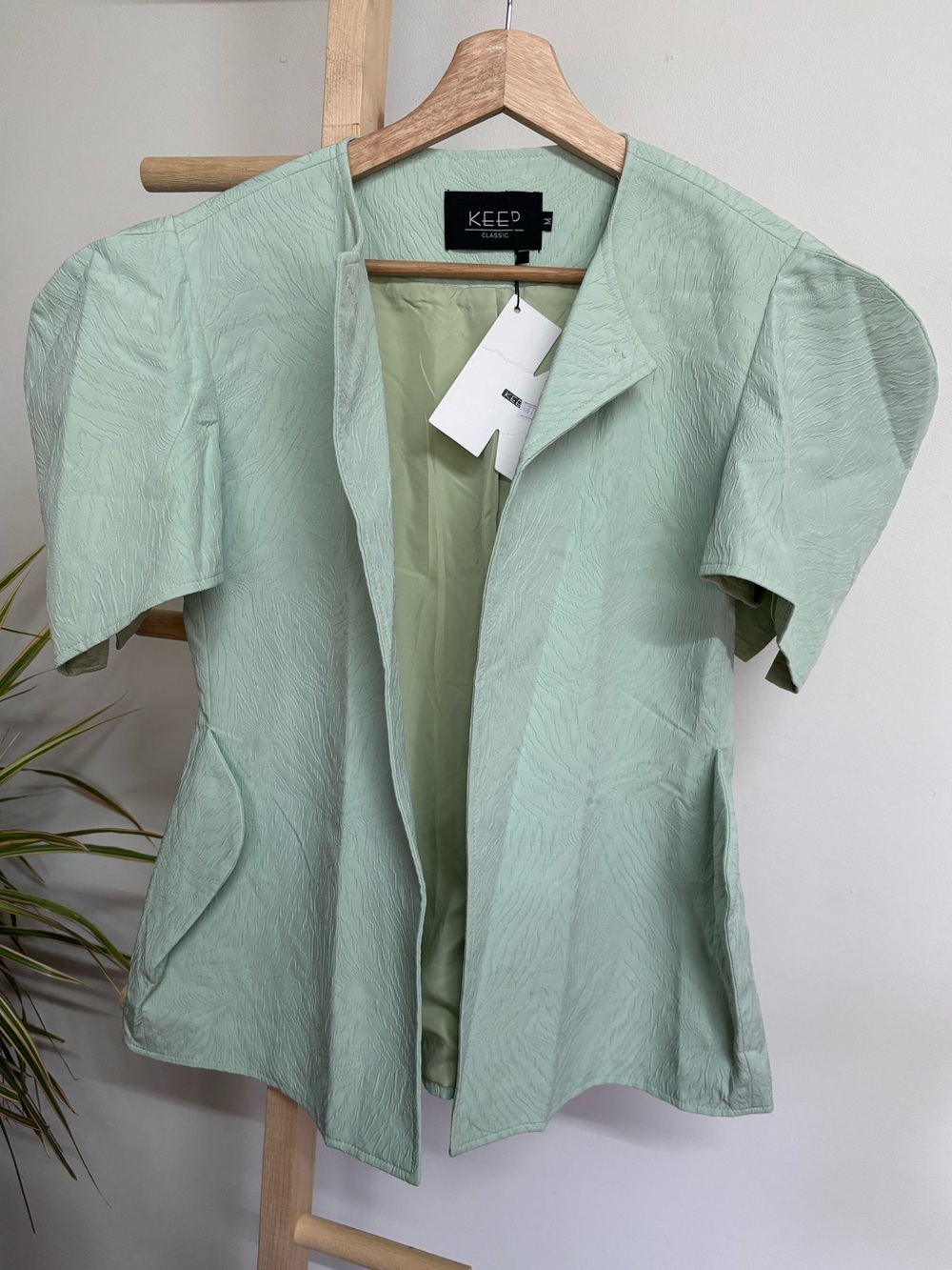 Mint Green Textured Cardigan with Puff Sleeves